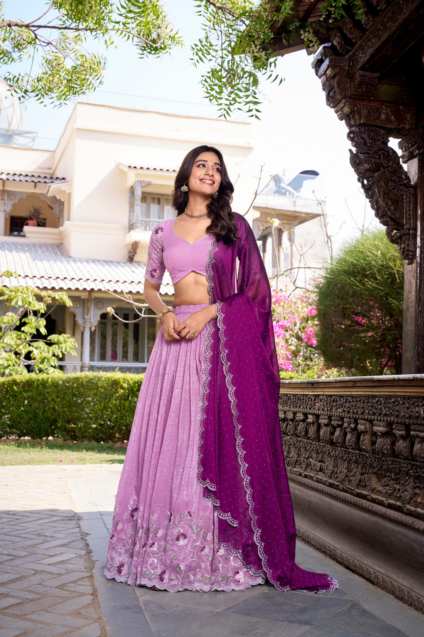 Silver Glosy Embroidered Lavender Lehenga Set with Hotfix Rangoli Silk Dupatta