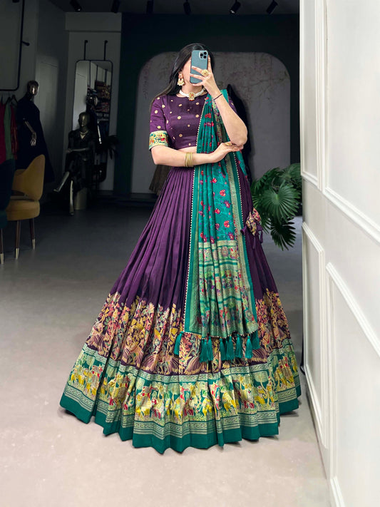 Purple Tussar Silk Lehenga Set with Printed Foil Work and Gotta Patti Dupatta