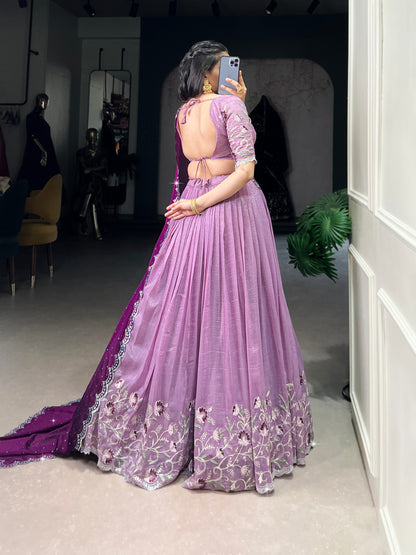Silver Glosy Embroidered Lavender Lehenga Set with Hotfix Rangoli Silk Dupatta