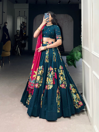 Peacock Blue Tussar Silk Printed Lehenga Set with Foil Work and Gotta Patti Dupatta