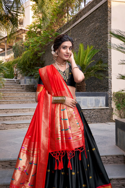 Black Jacquard Silk Paithani Lehenga Set with Zari Weaving and Tassel Dupatta