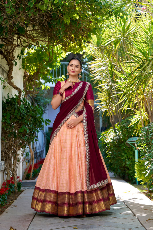 Zari Chex Peach Lehenga Set with Stitched Blouse and Embroidered Georgette Dupatta
