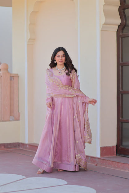 Lavender Fendy Chiffon 12-Kali Anarkali Gown with Embroidered Cut-Work Dupatta