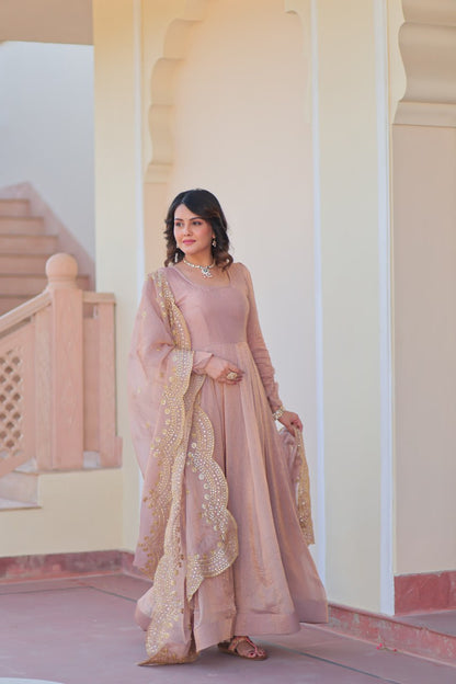 Peach Fendy Chiffon 12-Kali Anarkali Gown with Embroidered Cut-Work Dupatta
