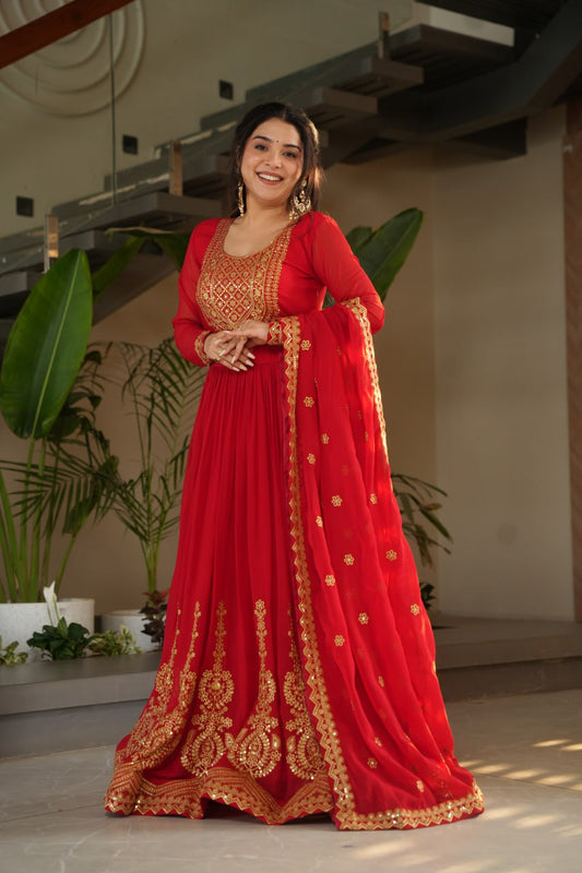 Red Fendy Chiffon 12-Kali Anarkali Gown with Embroidered Cut-Work Dupatta