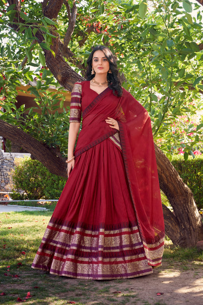 Pure Chanderi Red Lehenga with Zari Weaving Work Border & Dupatta