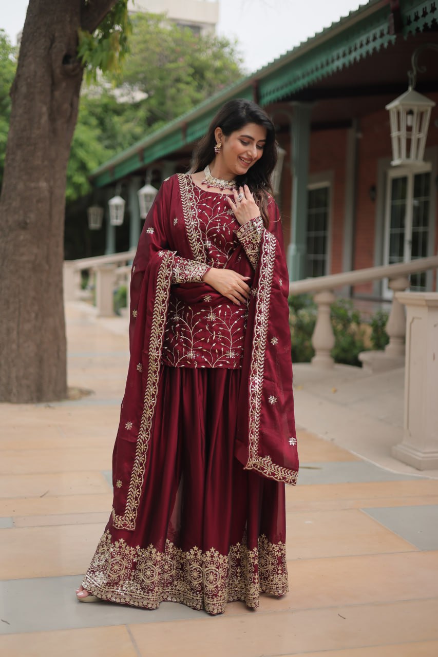 Premium Designer Readymade Maroon Kurti Plazoo Dupatta By Stylish Ethnic