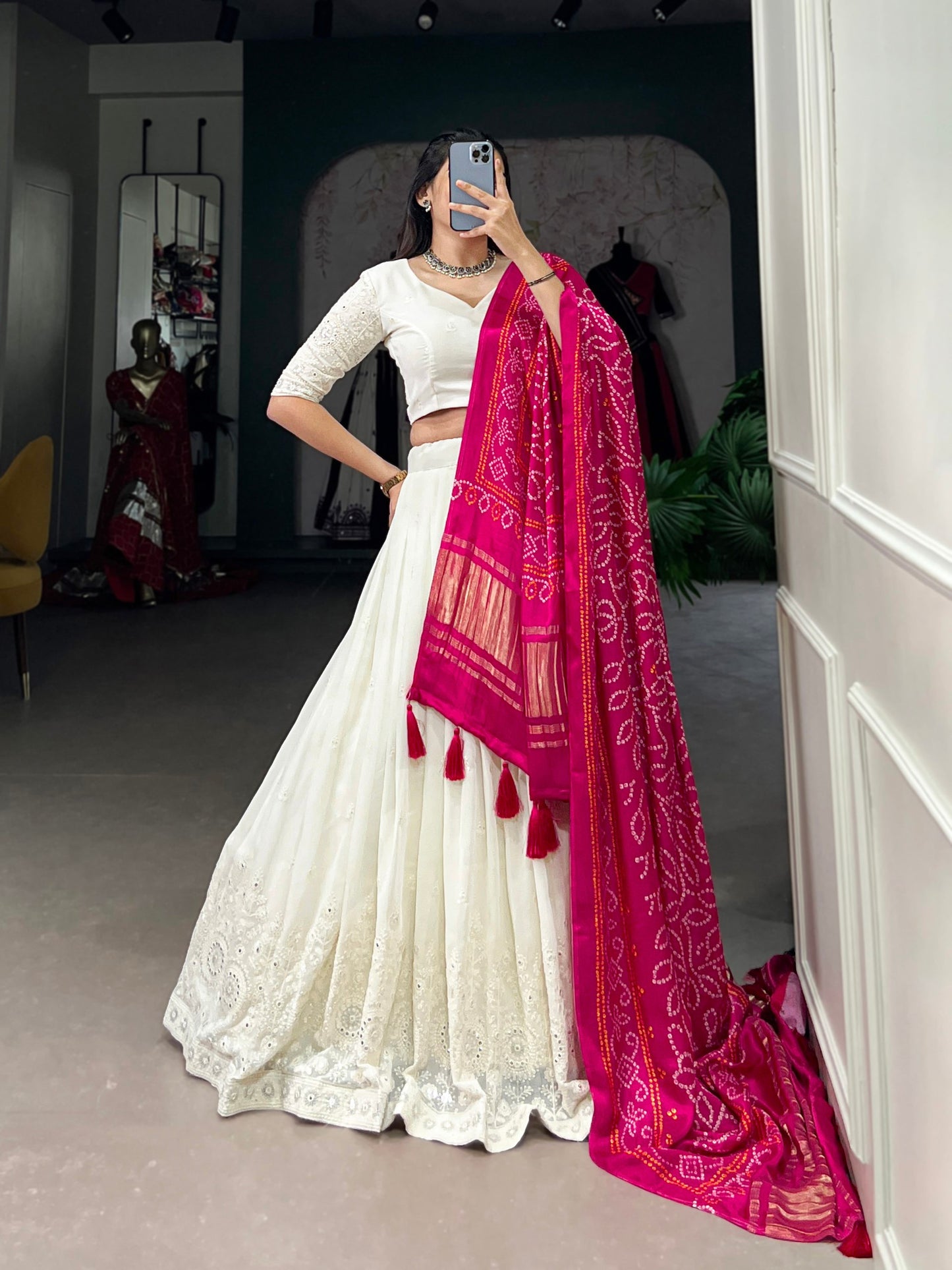 Off White Color Lucknowi Work Lehenga Choli With Gaji Silk Rani Pink Dupatta