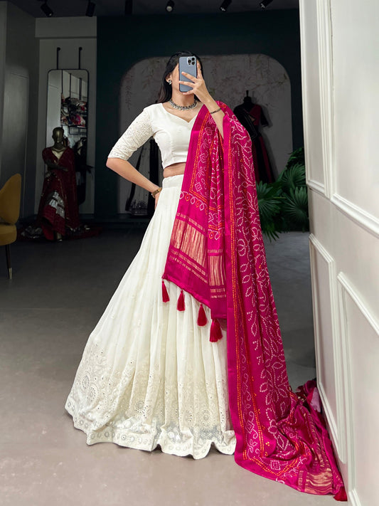 Off White Color Lucknowi Work Lehenga Choli With Gaji Silk Rani Pink Dupatta