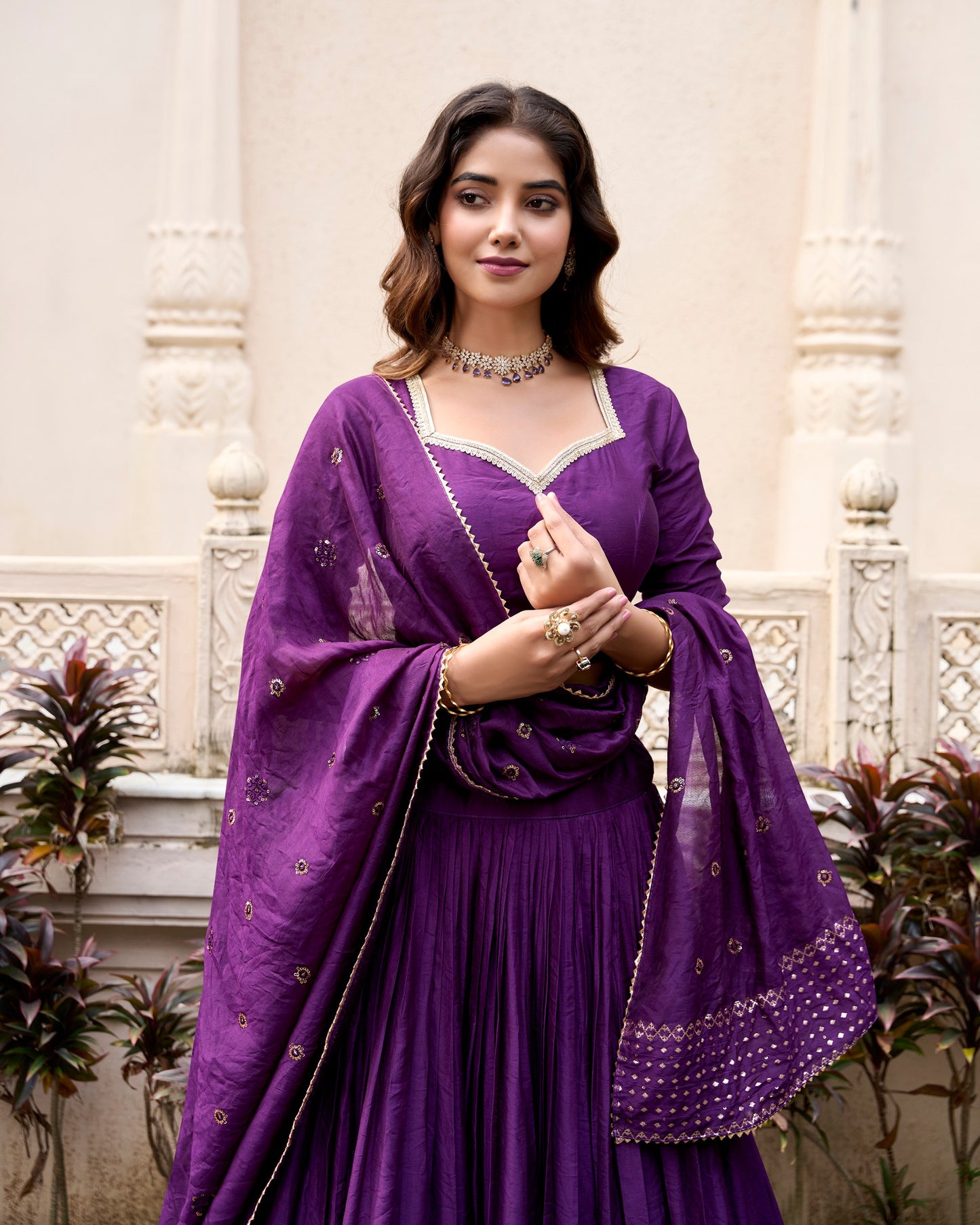 Grace and Beauty Pure Chanderi Sequin Embellished Purple Lehenga