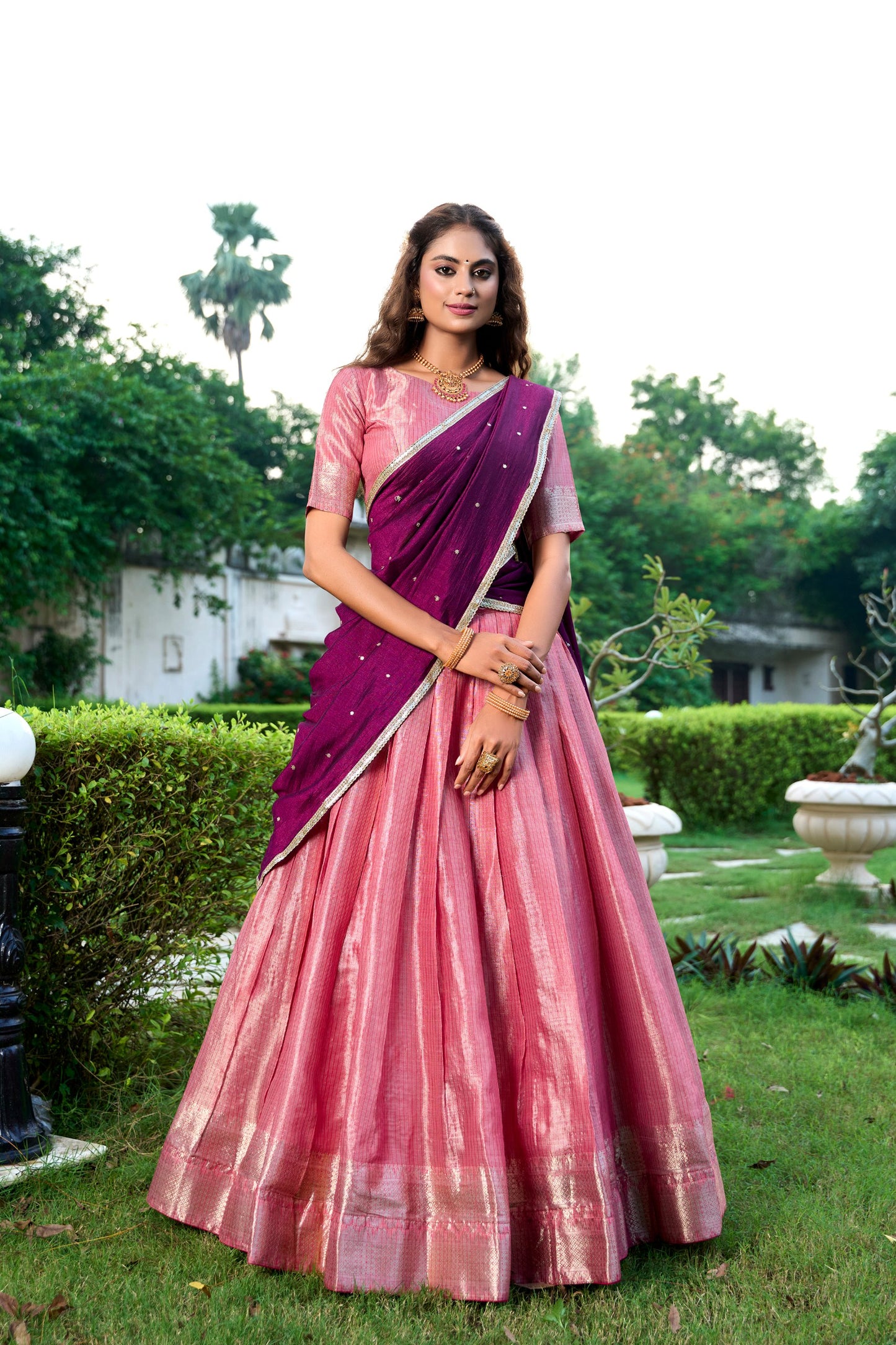 Pink Zari Weaving Work Kanchipuram Lehenga