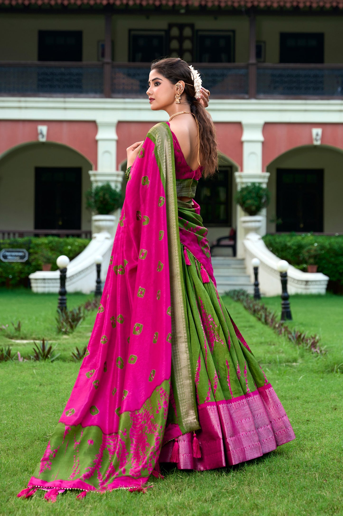 Super Pink Color Dola Silk Shibori Print Zari Weaving Lehenga Choli