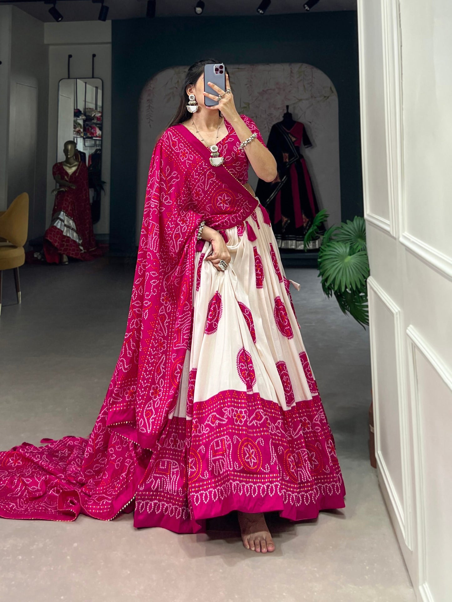 Striking Pink  Color Bandhani Printed Tussar Silk Event Wear Lehenga Choli