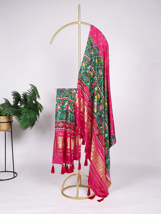 Green And Pink Pure Gaji Silk patola Print Dupatta with Tassels