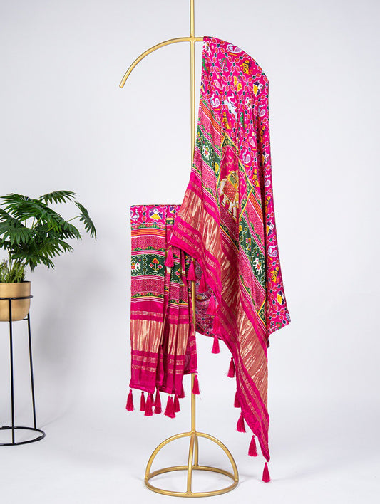 Pure Gaji Silk Patola Print Rani Pink Colour Dupatta with Tassels