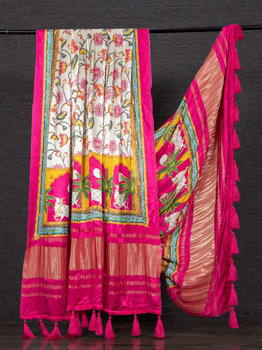 Pure Gaji Silk Flower Printed Cream And Pink Colour Dupatta with Tassels