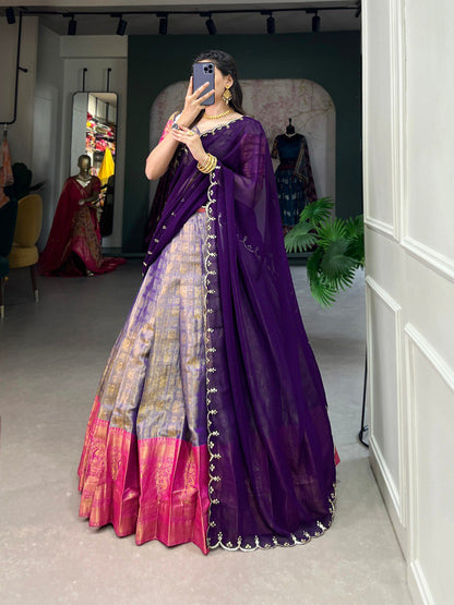 Kanjivaram Silk Blue Lehenga Choli With Flowing Dupatta