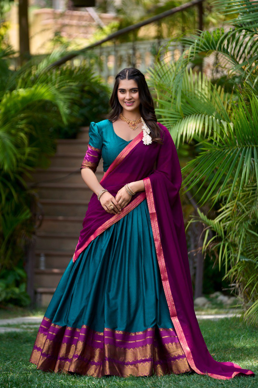 Teal Printed Cotton Zari Weaving Work Lehenga Set