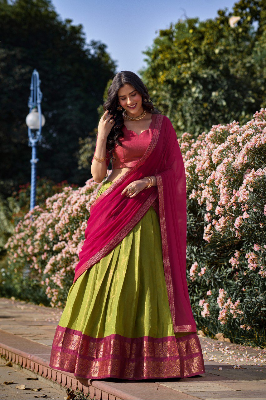 Pista Green Breathtaking South-Indian Kanchipuram Silk Lehenga Choli Set with Zari Weaving