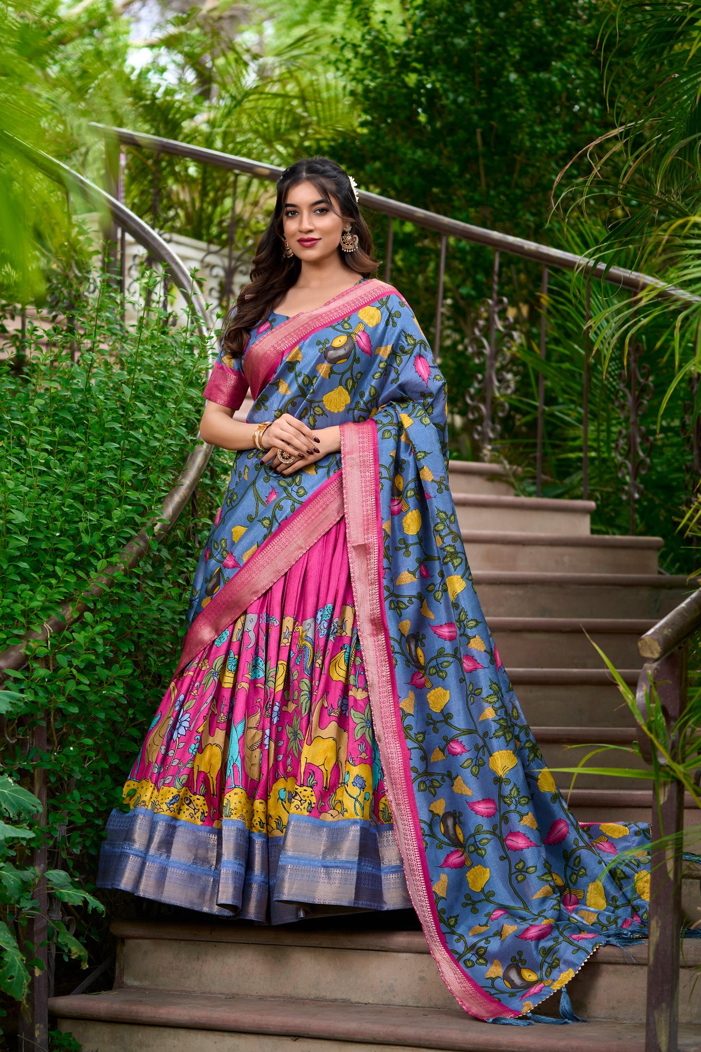 Pink Kalamkari Dola Silk Lehenga Choli Set with Zari Borders