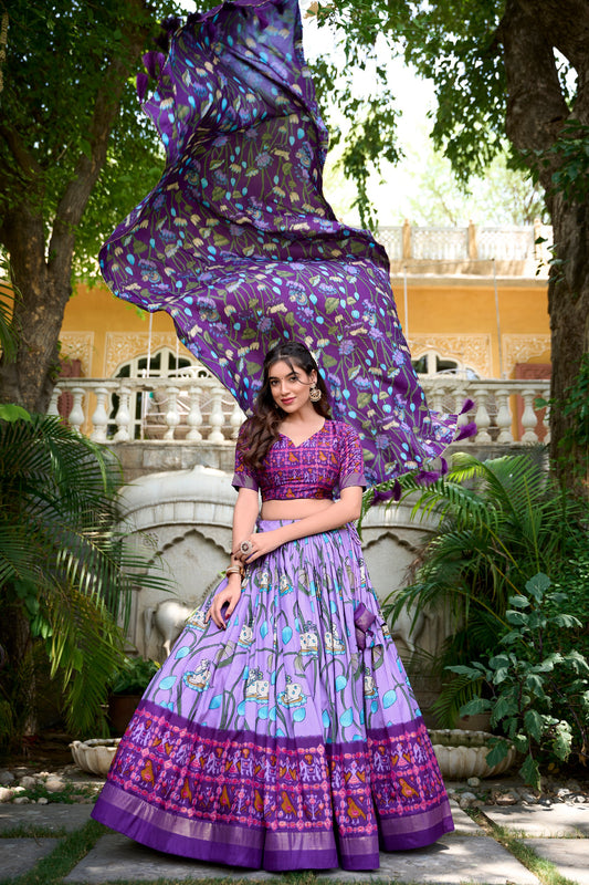 Lavender Tussar Silk Lehenga Choli with Pichwai & Patola Prints