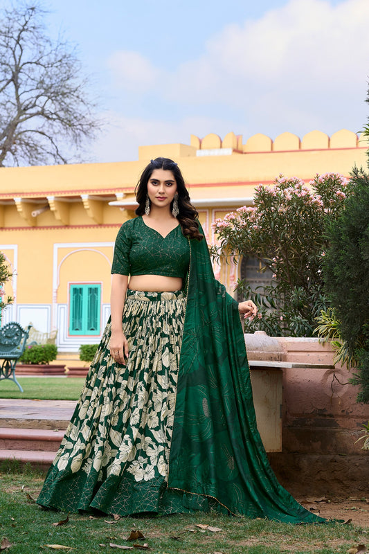 Green Floral Foil Print Tussar Silk Lehenga Choli Set