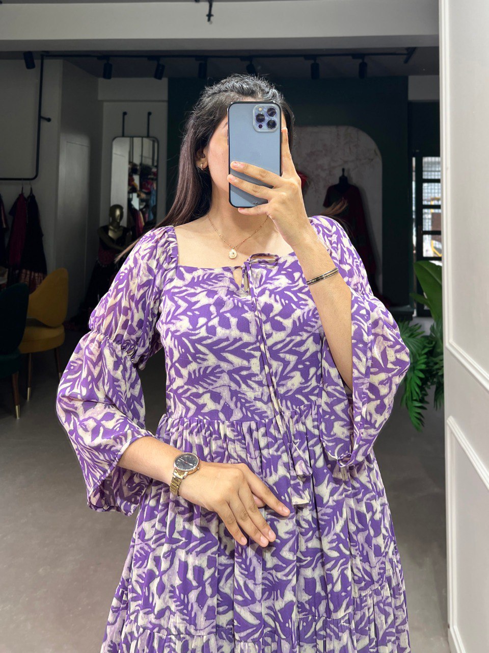 Leaf Print Tiered Boho Lavender Midi Dress with Bell Sleeves