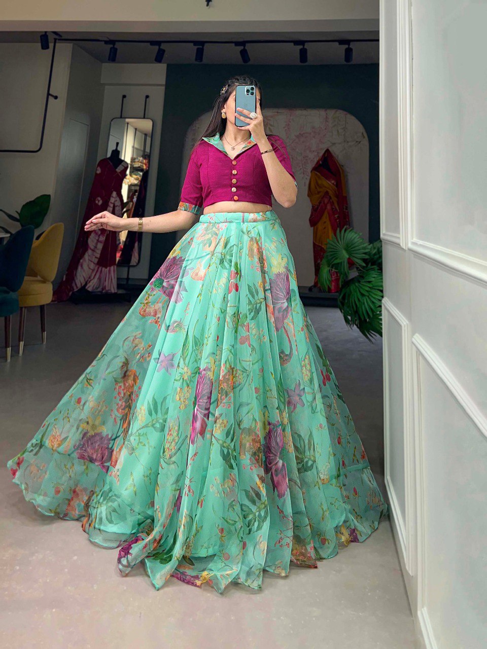 Party Wear Designer Sky Blue Organza Floral Print Lehenga And Blouse