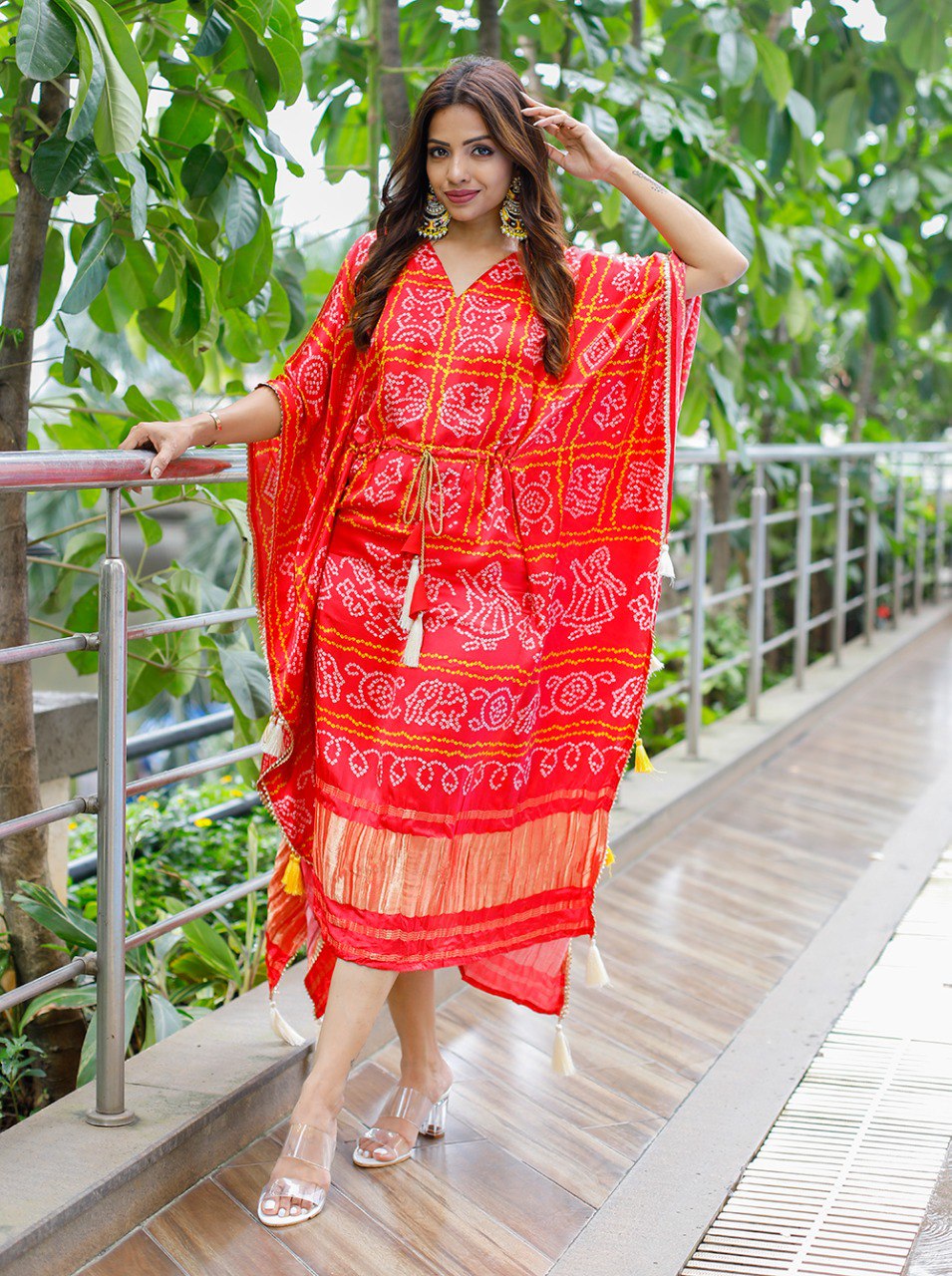 Red Color Digital Bandhni Printed Pure Gaji Silk Kaftan