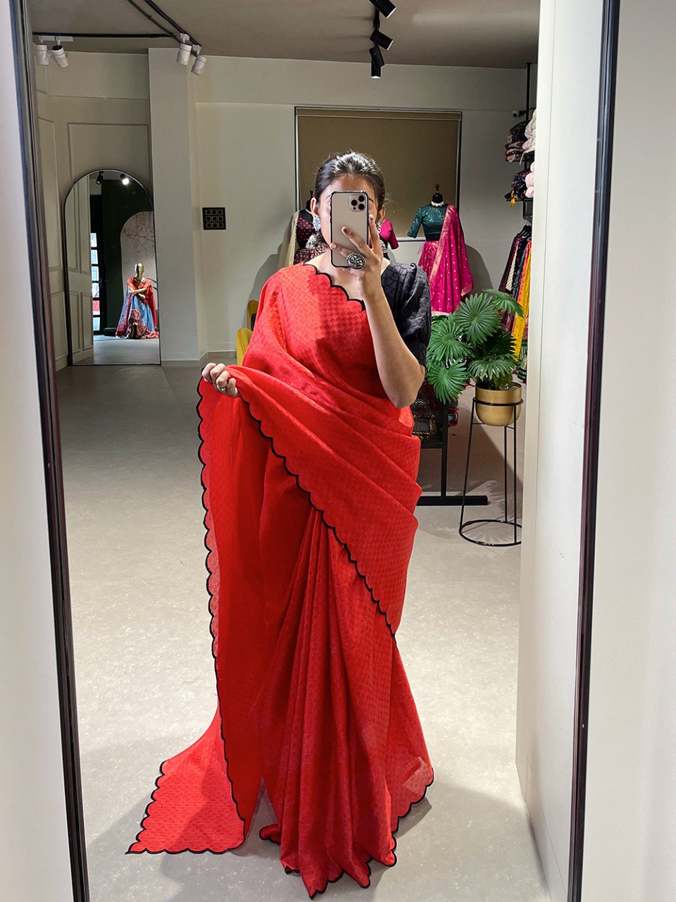 Wonderful Red Arca Work Gadhawal Chex Event Wear Saree With Blouse