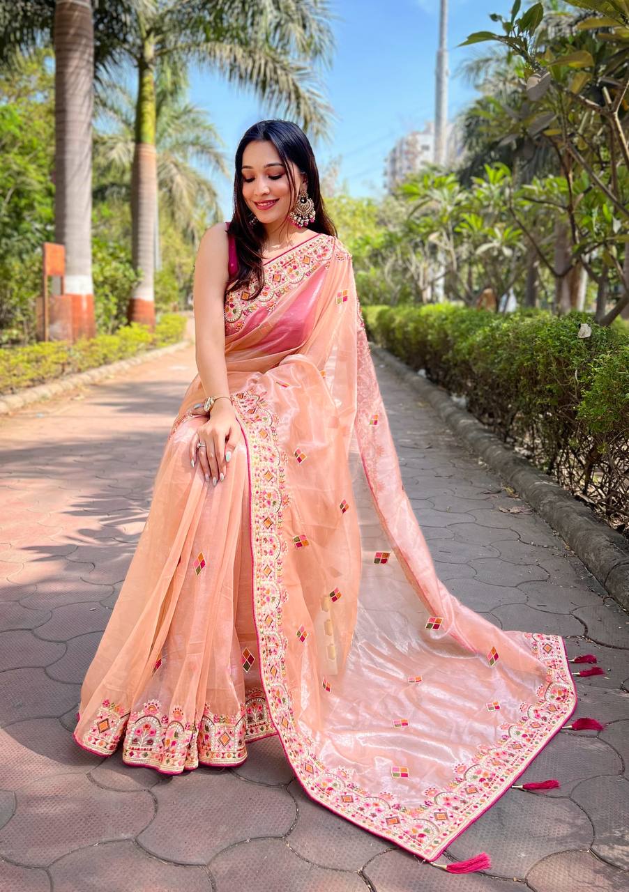 Peach Twill Net Designer Embroidery Work With Embellished Diamond Work Saree