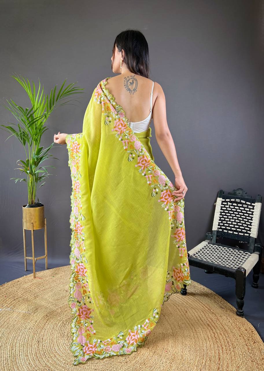 Designer Cross Stitch Floral Embroidery Cut Work Border Parrot Green Glossy Silk Saree With Blouse