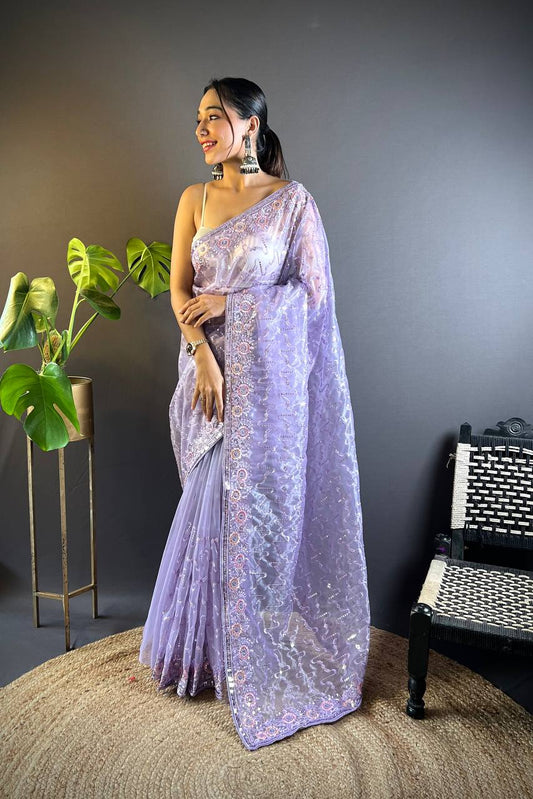 Lavender Tissue Silk Embellished Saree With Unstitched Blouse