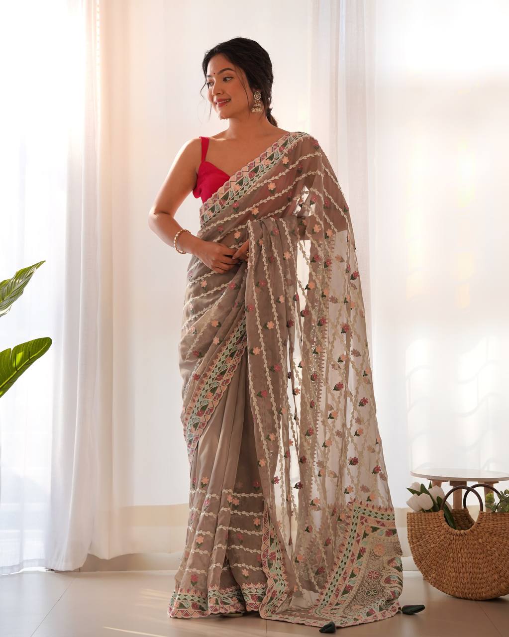 Grey Emroidery Worked Organza Silk Saree