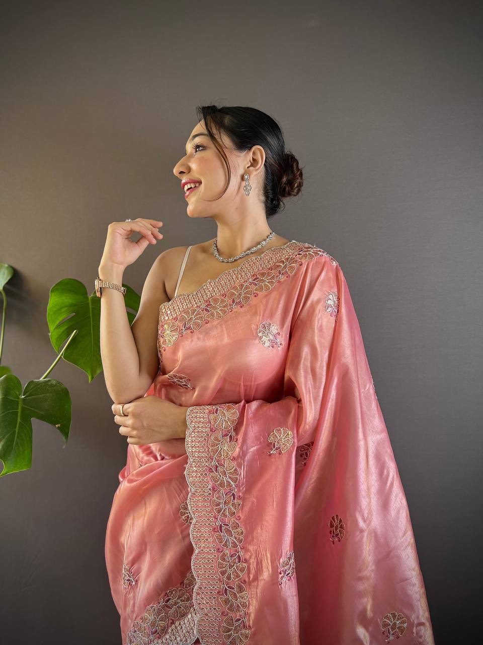 Light Pink Embroidered Work Soft Silk Saree