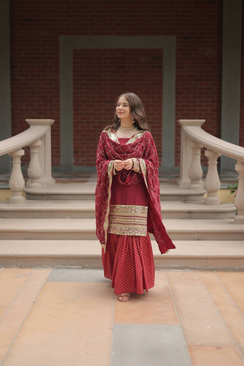 Maroon Designer Readymade Top-sharara-dupatta Collections