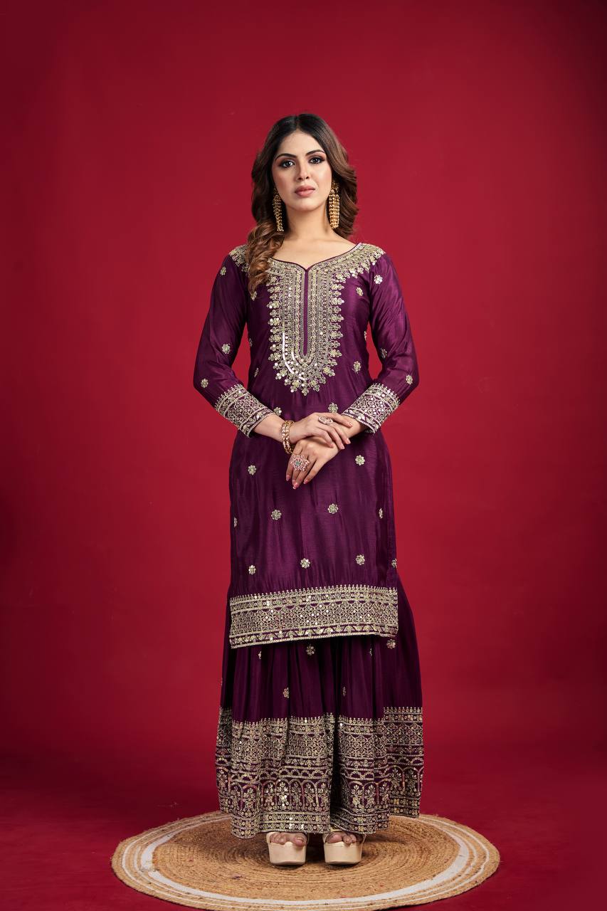 Purple Chinnon Silk With Heavy Embroidery Sequence Work Top-Plazo And Dupatta Set