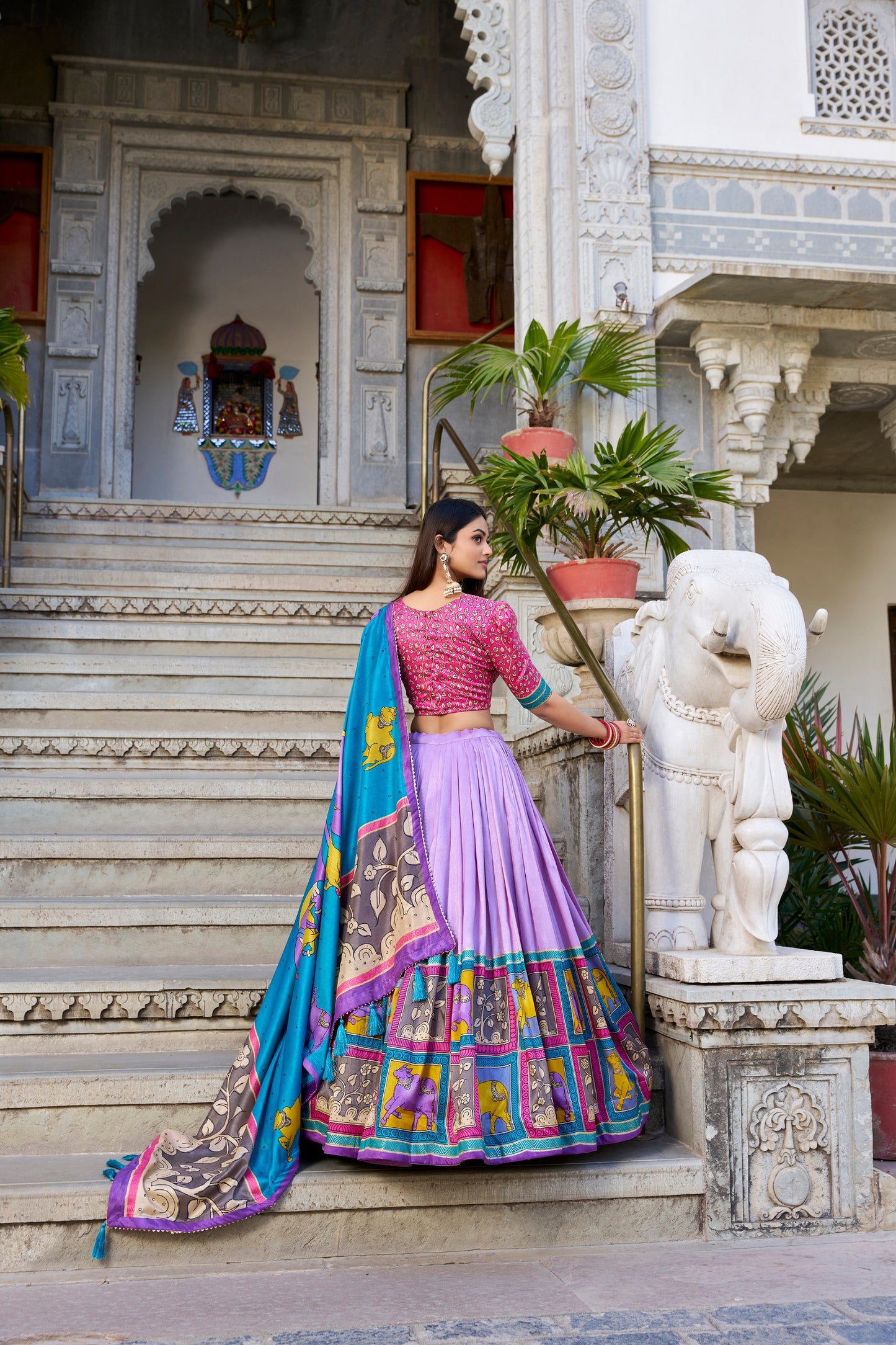 Lavender Color Tussar Silk Kalamkari Printed Lehenga Choli