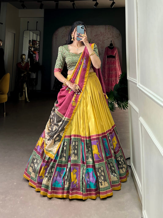 Mustard Yellow Color Tussar Silk Kalamkari Printed Lehenga Choli