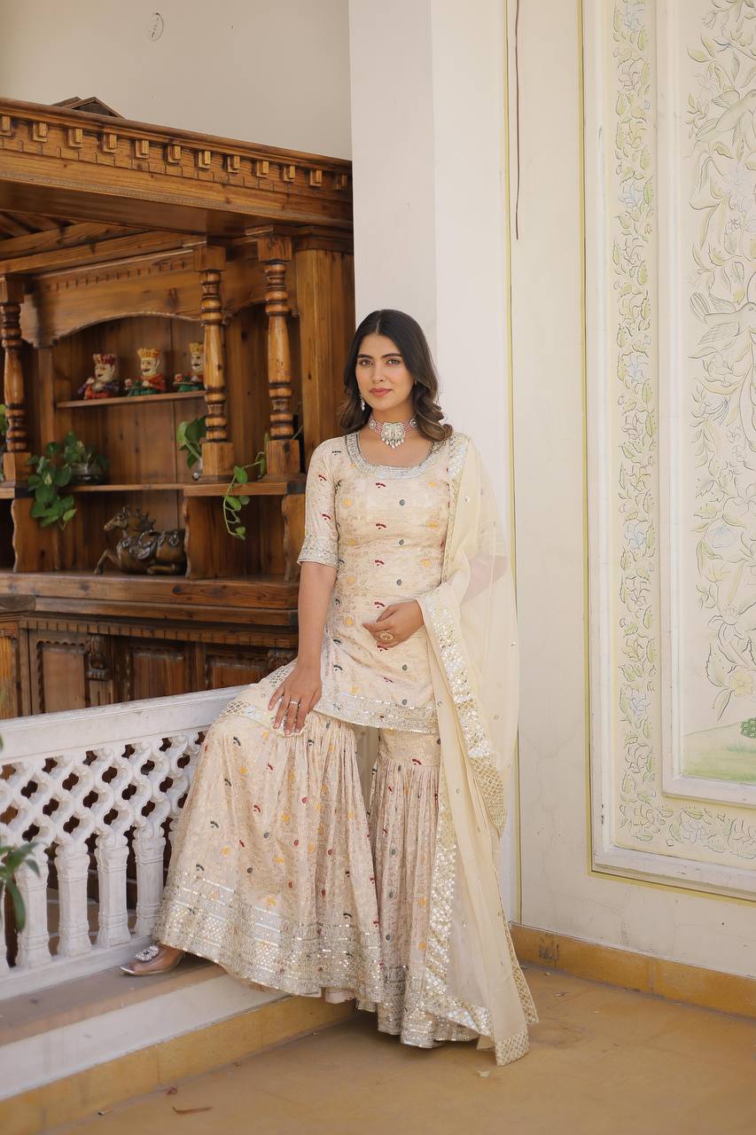 Viscose Jacquard Sequined White Kurti with Embroidered Sharara & Russian Silk Dupatta