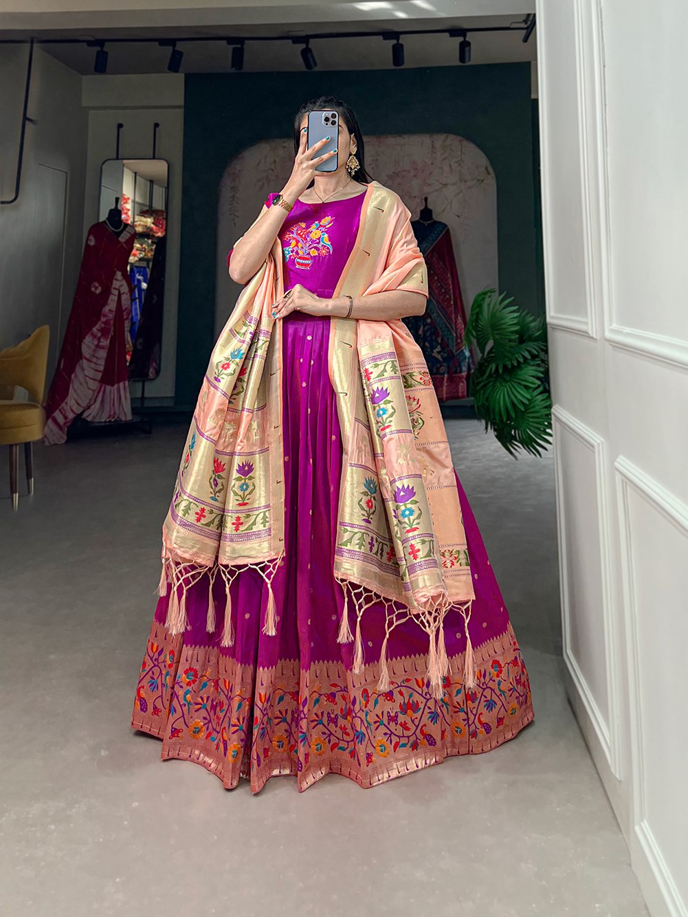 Designer Orange Printed Dola Silk Purple Gown With Dupatta