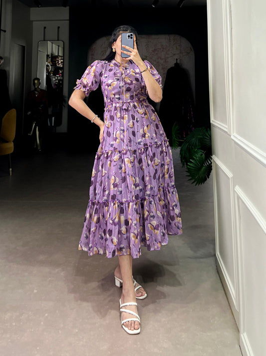 Purple Floral print Chiffon Frock Collection Designed for Effortless Grace