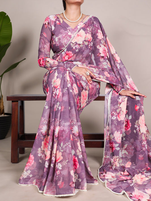 Onion Refined Beauty Weightless Marble Printed Saree with Pearl Lace Border