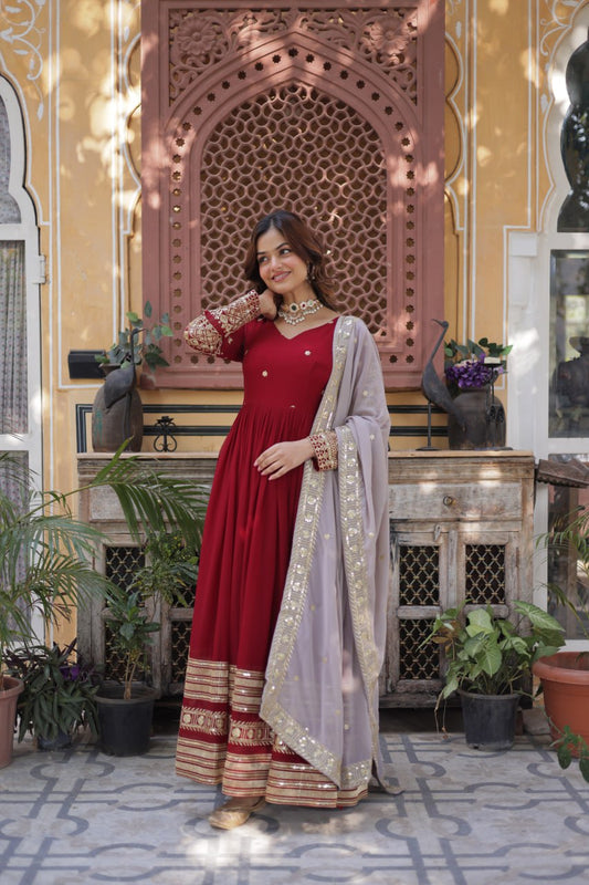 Maroon Premium Designer Readymade Gown with Dupatta – Elegant Embroidery Zari & Sequins Work