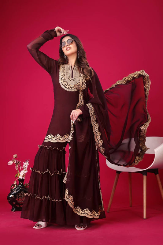 Rich Maroon Blooming Faux Georgette Embroidered Suit with Sequence & Thread Work – Fully Stitched