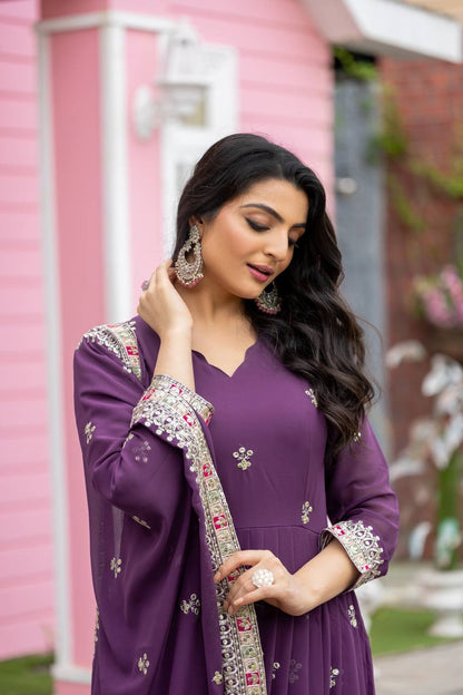 Light Purple Faux Georgette Embroidered Gown with Heavy Sequence Work and Dupatta | Fully Stitched Designer Ethnic Wear