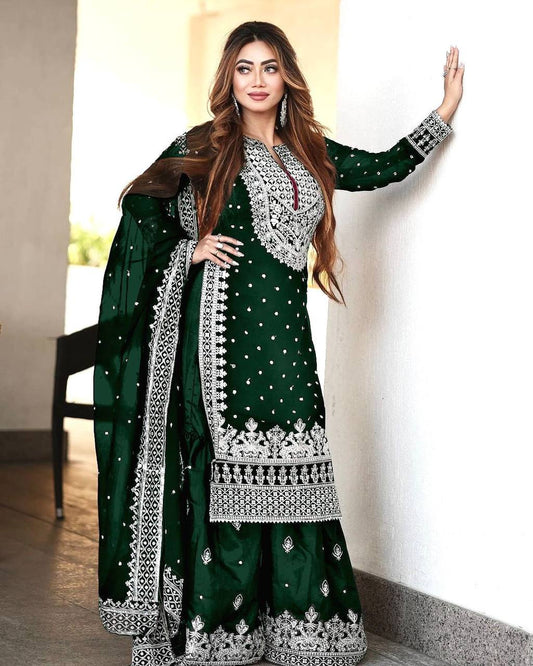 Heavy Faux Georgette Embroidered Green Gharara Set with Dupatta – Fully Stitched Ethnic Partywear for Women