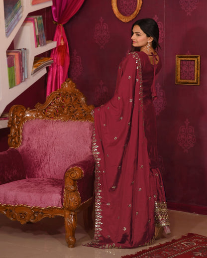 Chinon Embroidered Maroon Sharara Suit Set with Dupatta – Fully Stitched Ethnic Wear for Women
