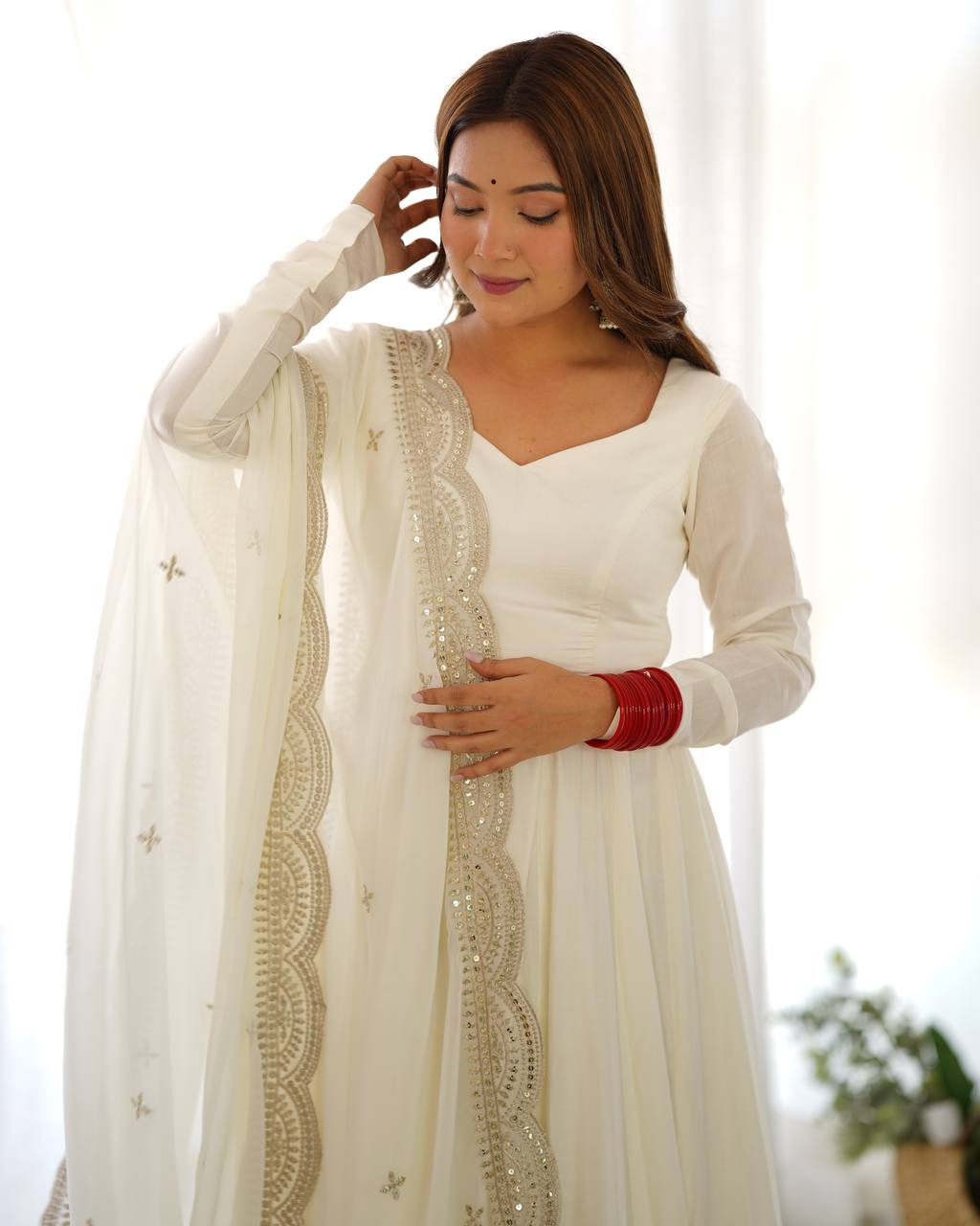 Elegant 16 Kali Romansilk Chanderi White Anarkali Set with Embroidery Dupatta