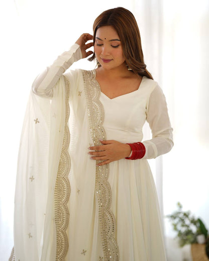 Elegant 16 Kali Romansilk Chanderi White Anarkali Set with Embroidery Dupatta